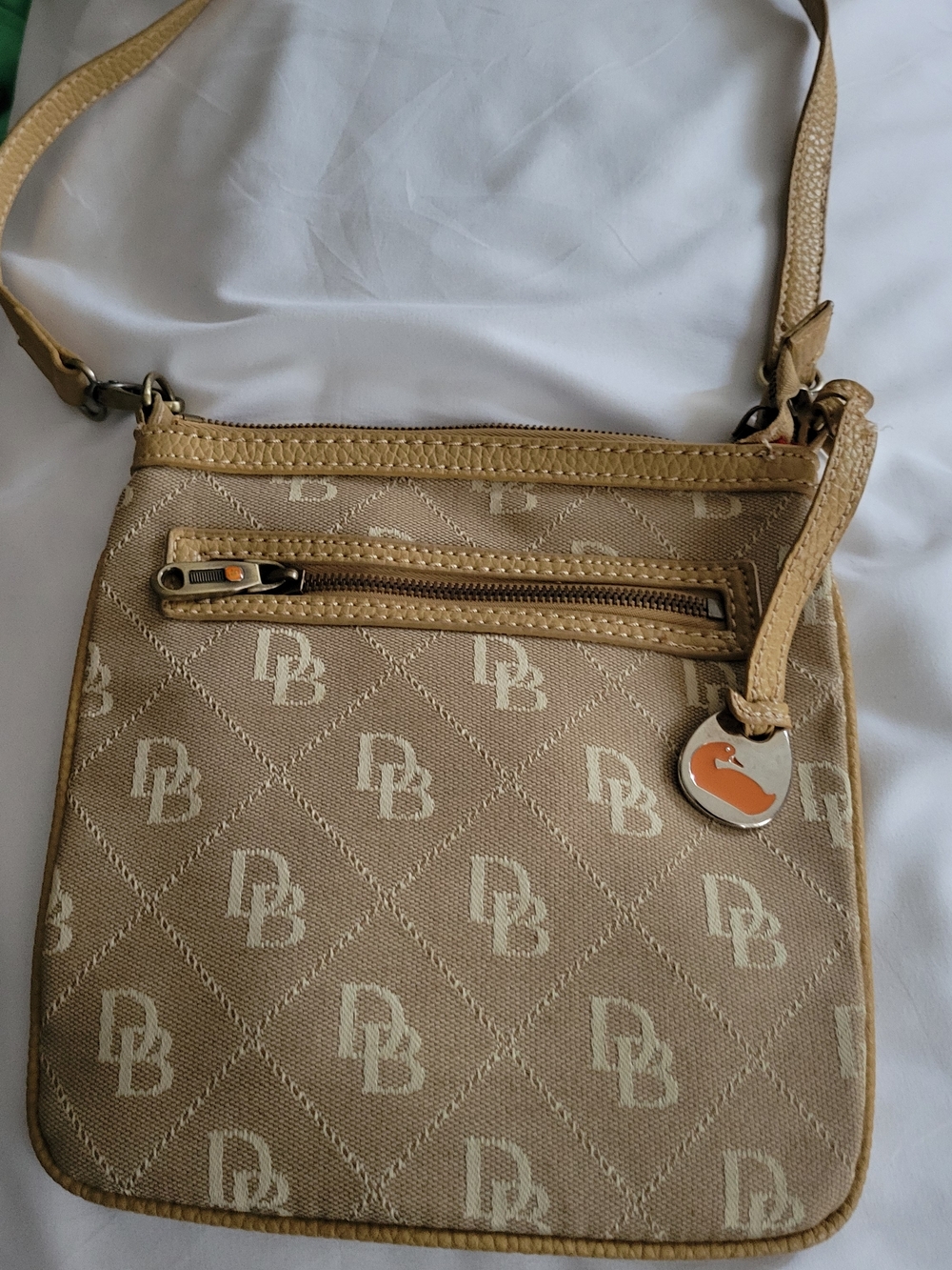 Dooney & Bourke Beige Monogram Crossbody Bag with Charm